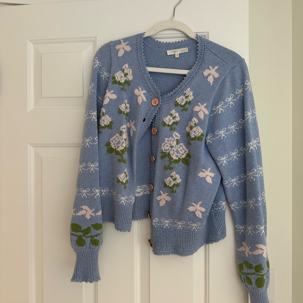 LoveShackFancy Blue Floral Knit Cardigan Size M
